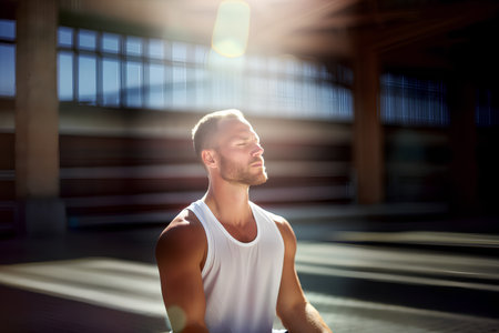 sport, fitness, lifestyle and people concept - smiling young man in sportswear outdoorsの素材