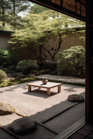 Japanese garden with wooden furniture and green plants. 3d rendering.の素材