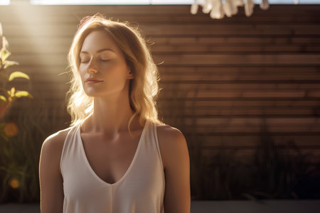 Beautiful blonde woman with closed eyes and closed eyes standing in cafeの素材