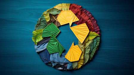 Circle made of colorful t-shirts and shorts on blue wooden backgroundの素材
