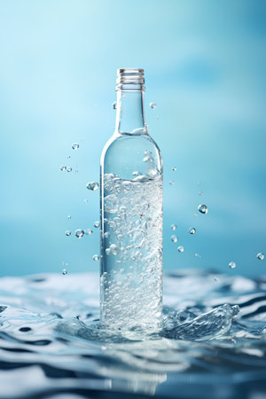 Glass bottle with water splashes on blue background. 3d renderingの素材