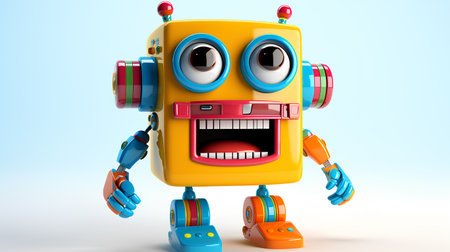 3d rendering of a cute yellow robot with headphones on blue backgroundの素材