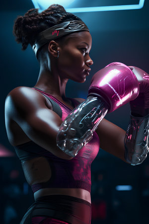 Portrait of young african american woman in sportswear with boxing glovesの素材