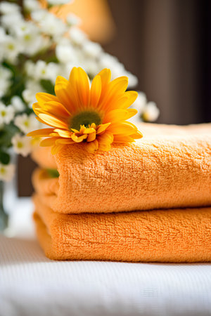 Close up of orange towels with daisy flower on the bed.の素材