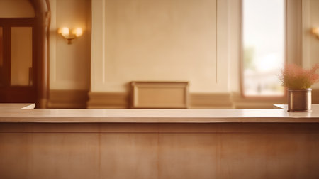 Empty wooden countertop in luxury hotel lobby. Mock up, 3D Renderingの素材
