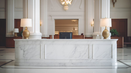 White marble reception counter in luxury hotel lobby. 3D Renderingの素材