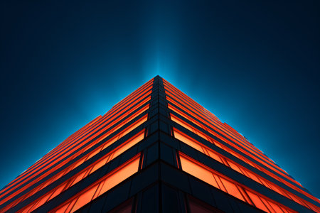 Abstract modern architecture background. Skyscraper with glowing lights. 3d render illustrationの素材