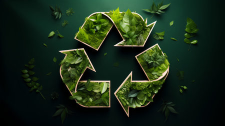 Recycling symbol made of different green leaves on dark green backgroundの素材