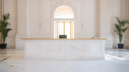 White reception desk in luxury hotel lobby. 3d render illustration.の素材