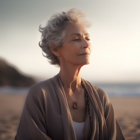 Portrait of a beautiful senior woman on the beach at sunset.の素材