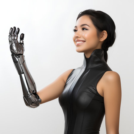 Young pretty asian woman in black latex costume holding robot arm.の素材