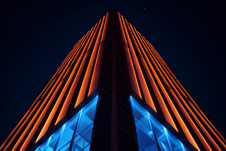 Modern skyscraper with red and blue neon lights. 3d renderingの素材