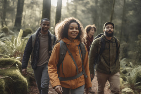 Group of friends walking in the forest. Young people having fun outdoors.の素材