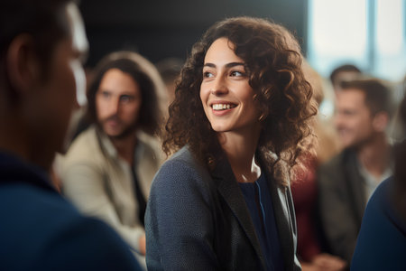 Portrait of smiling businesswoman looking at camera with colleagues in backgroundの素材