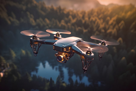 Drone with camera flying over the forest. 3d illustration.の素材