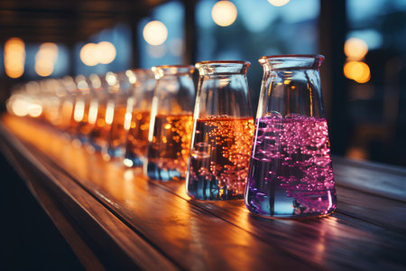 Colorful ice cubes in glass bottles on bar counter at night.の素材