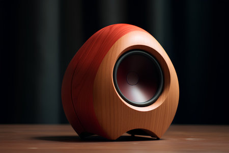 Wooden loudspeaker on a dark background. 3d illustration.の素材
