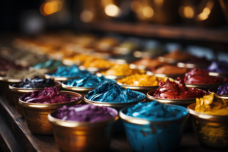Colorful paints in golden bowls on wooden background. Selective focus.の素材