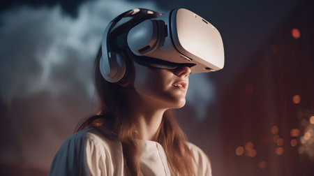 Woman wearing virtual reality goggles. Future technology concept. 3D Renderingの素材