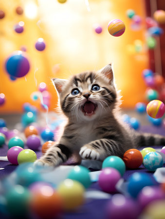 Cute siberian kitten playing with colorful balls at the partyの素材