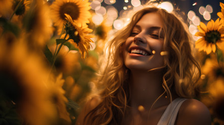 Portrait of a beautiful smiling girl with sunflowers in the fieldの素材