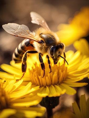 Bee on a yellow flower. Macro. Shallow depth of field.の素材