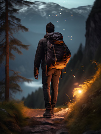 Back view of a man with a backpack on a mountain trail.の素材