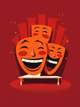 Cartoon theater masks. Vector illustration on red background. Concept for web banners and promotional materials.の素材
