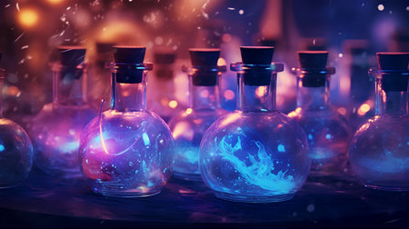 Magic potion in bottles on dark background. Halloween concept. 3D Renderingの素材