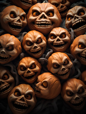 Halloween background with scary pumpkins. 3d render illustration.の素材