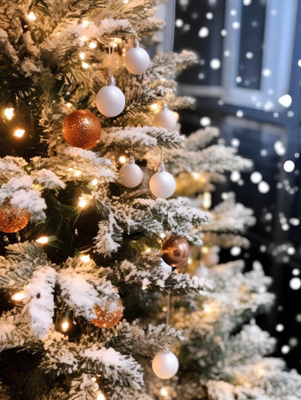 Christmas tree decorated with gold and silver balls, lights and snowflakesの素材