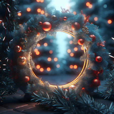 Christmas wreath on the background of the Christmas tree. 3d renderingの素材