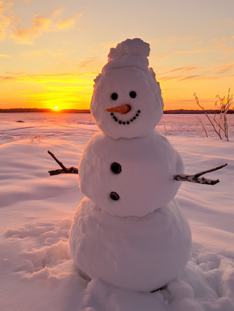 Snowman at sunset in winter landscape. Christmas and New Year background.の素材