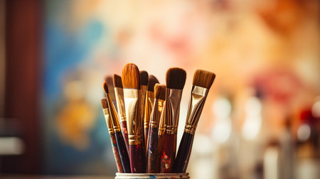 Paint brushes on a background of the interior of the artist's studioの素材