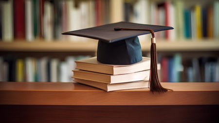 Graduation cap and books on table in library. Education concept.の素材