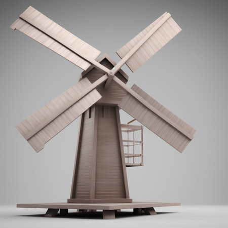 Wooden windmill isolated on gray background. 3D illustration.の素材