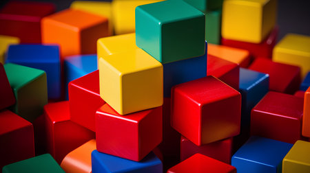 Colorful toy cubes on a black background. Close-up.の素材