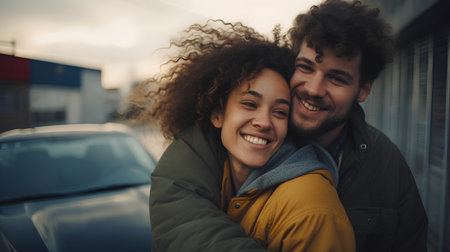 Couple in love hugging and taking a selfie on the street.の素材