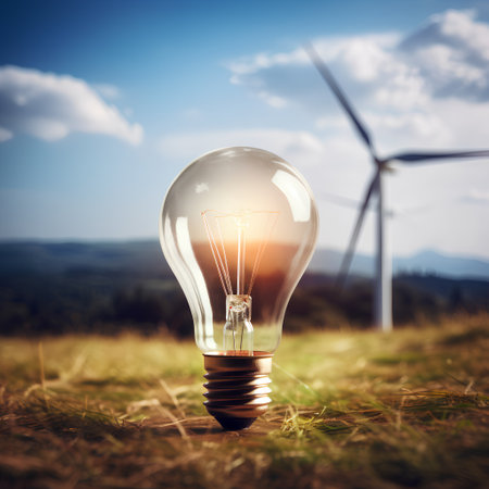 Conceptual image with light bulb and wind turbines in the backgroundの素材