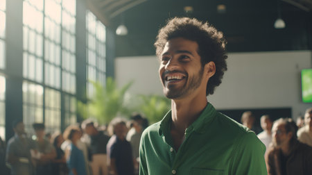 Portrait of handsome african american man smiling at camera while standing in conference hallの素材