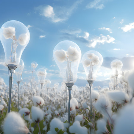 Light bulbs with cotton flowers on the field. 3D rendering.の素材