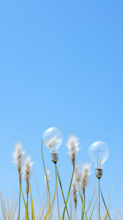 Light bulb and grass on blue sky background. Energy and idea concept.の素材