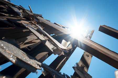 Closeup of wooden beams against the blue sky with sun rays.の素材