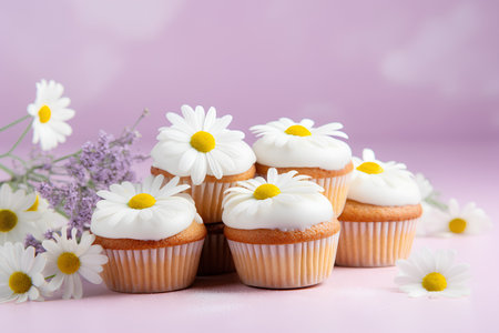 Delicious cupcakes with daisies and lavender flowers on pink backgroundの素材