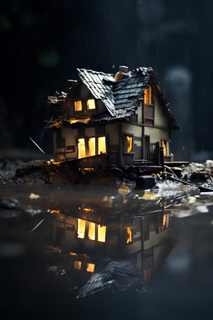 Little house in the rain on a dark background. Halloween concept.の素材