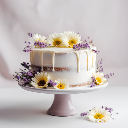 Cake decorated with daisies and lavender flowers, squareの素材
