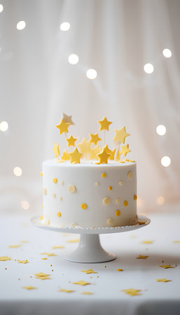 Birthday cake with yellow stars and confetti on a white backgroundの素材