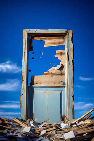 Wooden door with a hole in the wall and blue sky backgroundの素材