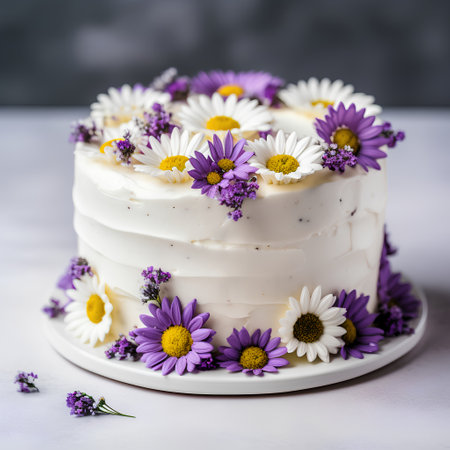 Wedding cake decorated with daisies and lavender flowersの素材