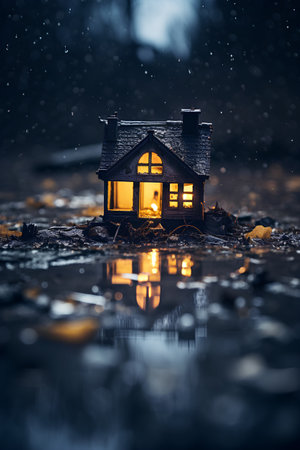 Wooden house at night in the snow. New Year and Christmas concept.の素材